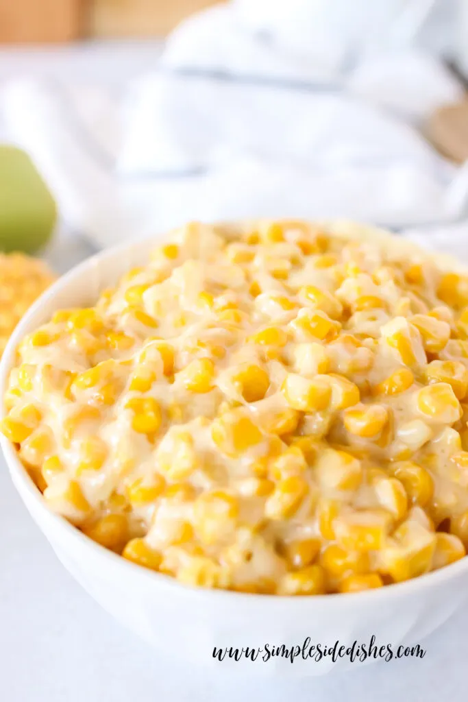 top side angle of cream corn in a serving dish