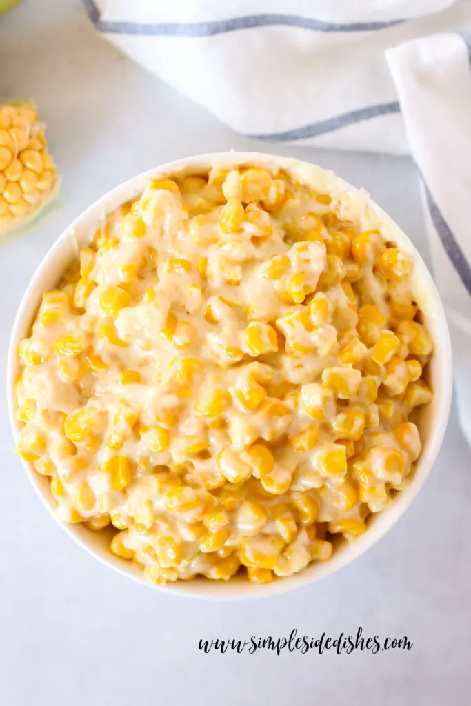 Cream Corn has been moved to a serving bowl. Photo is from the top looking down.