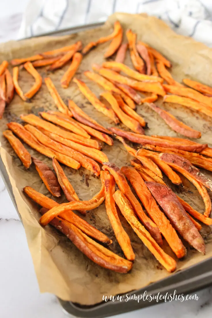 sweet potato fries on cookie sheet, side view