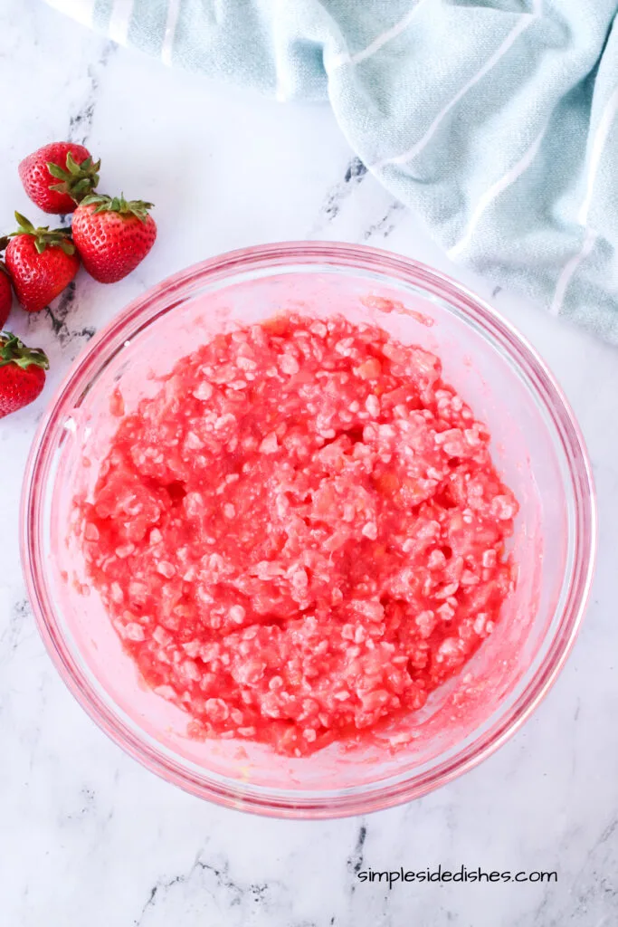 Drained pineapple mixed into the jello and cottage cheese mixture.