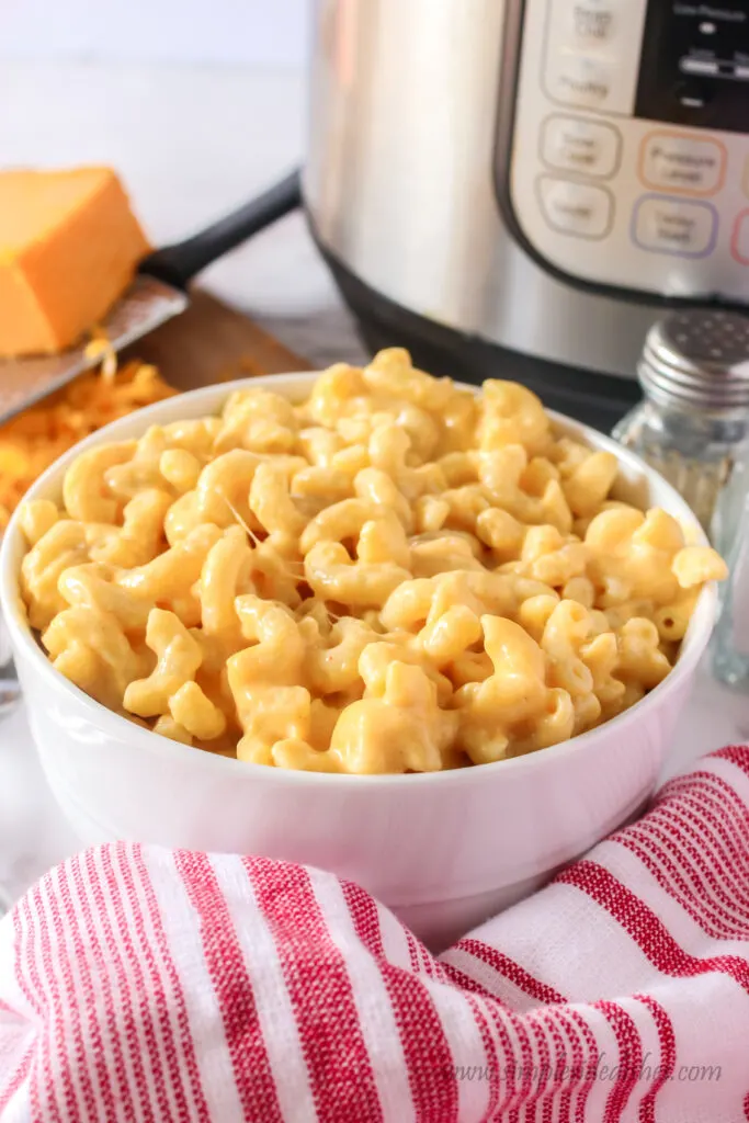 side view of a bowl of macaroni and cheese with instant pot in background.