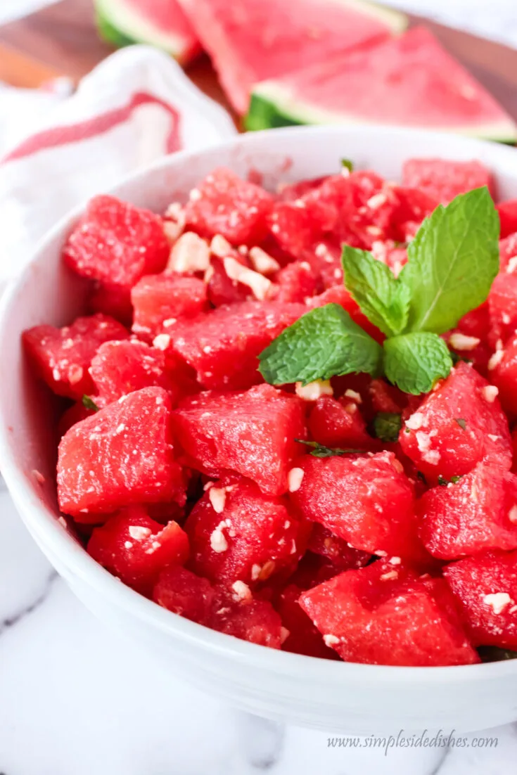 top side view of watermelon salad ready to serve