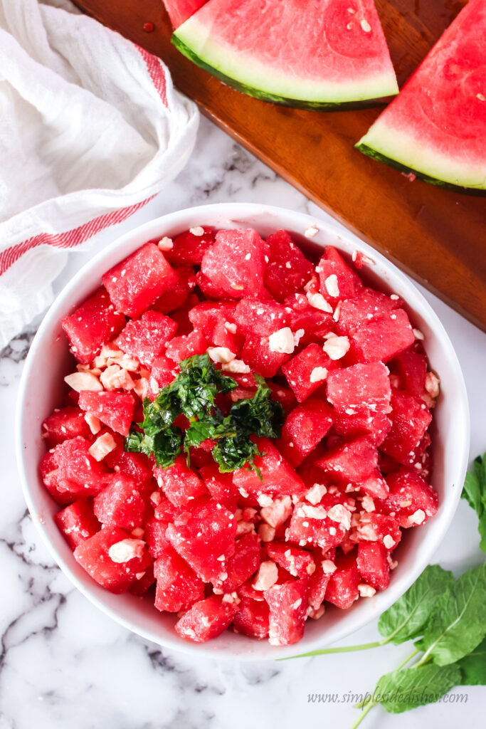 mint added to watermelon and feta.