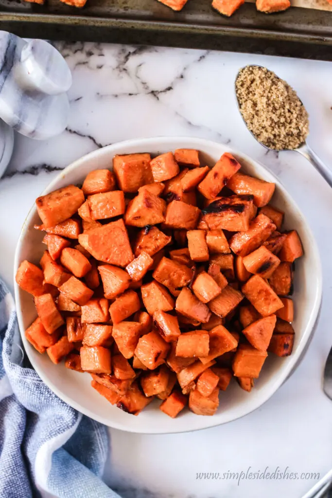 zoomed out image of sweet potatoes in a bowl