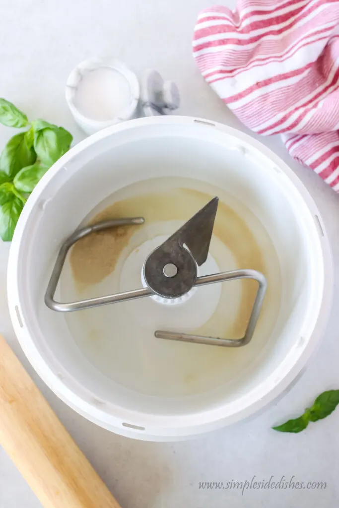 water yeast and sugar in a mixing bowl