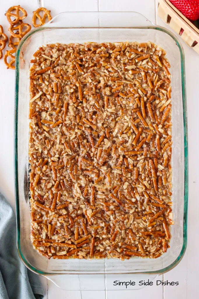 pretzel crust pressed into a prepared casserole dish.