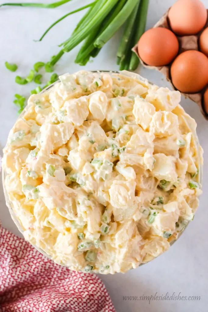 top view looking down of potato salad in bowl