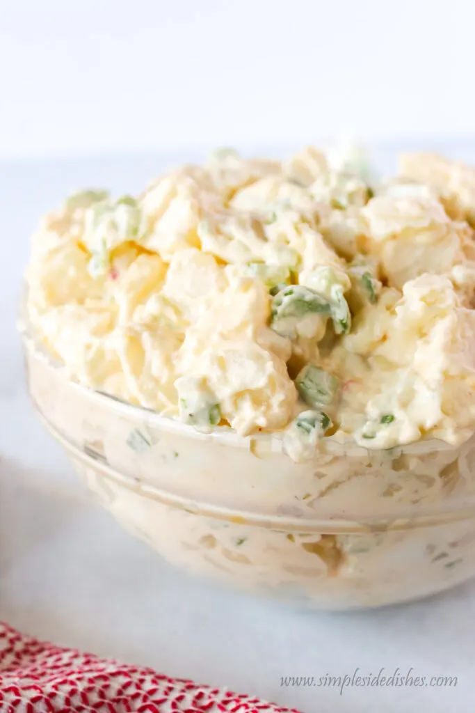 zoomed out side view of potato salad in bowl