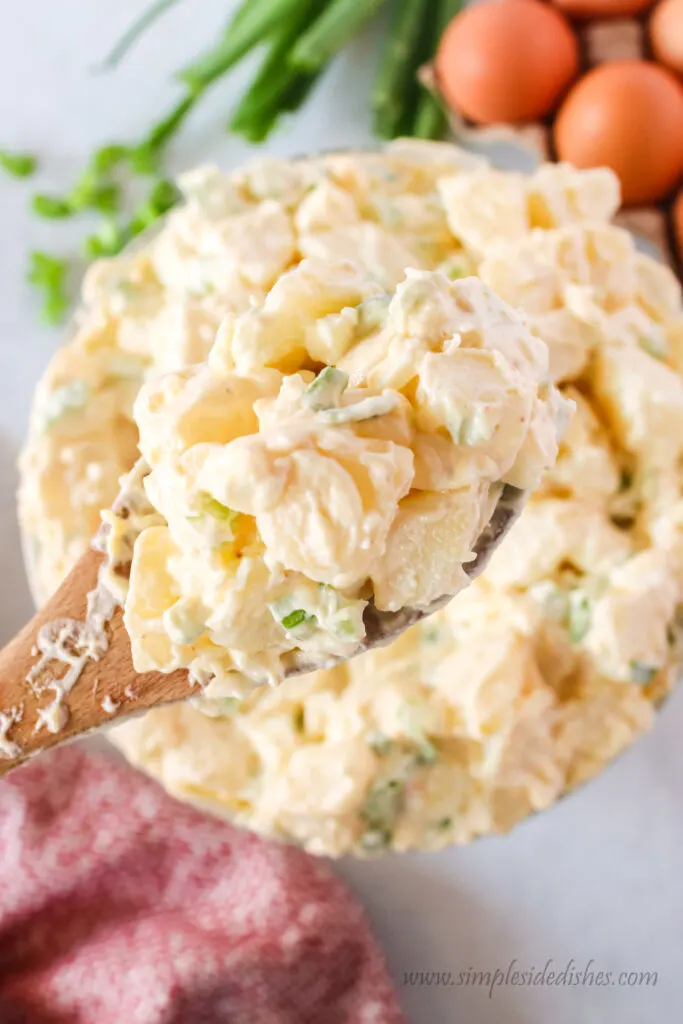 serving spoon in potato salad bowl ready to serve