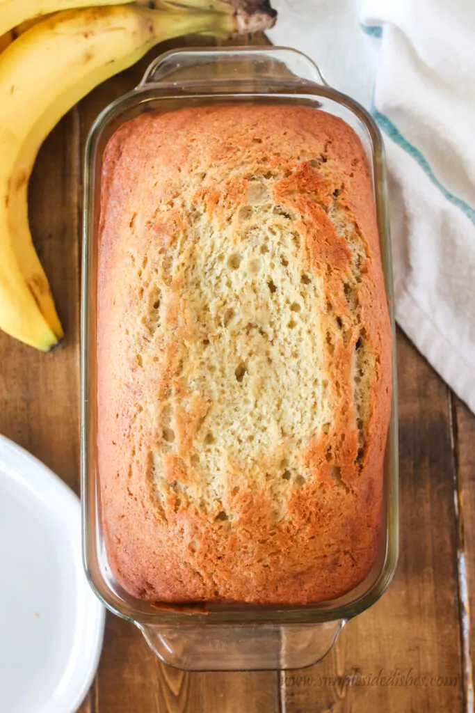 baked banana bread loaf in pan