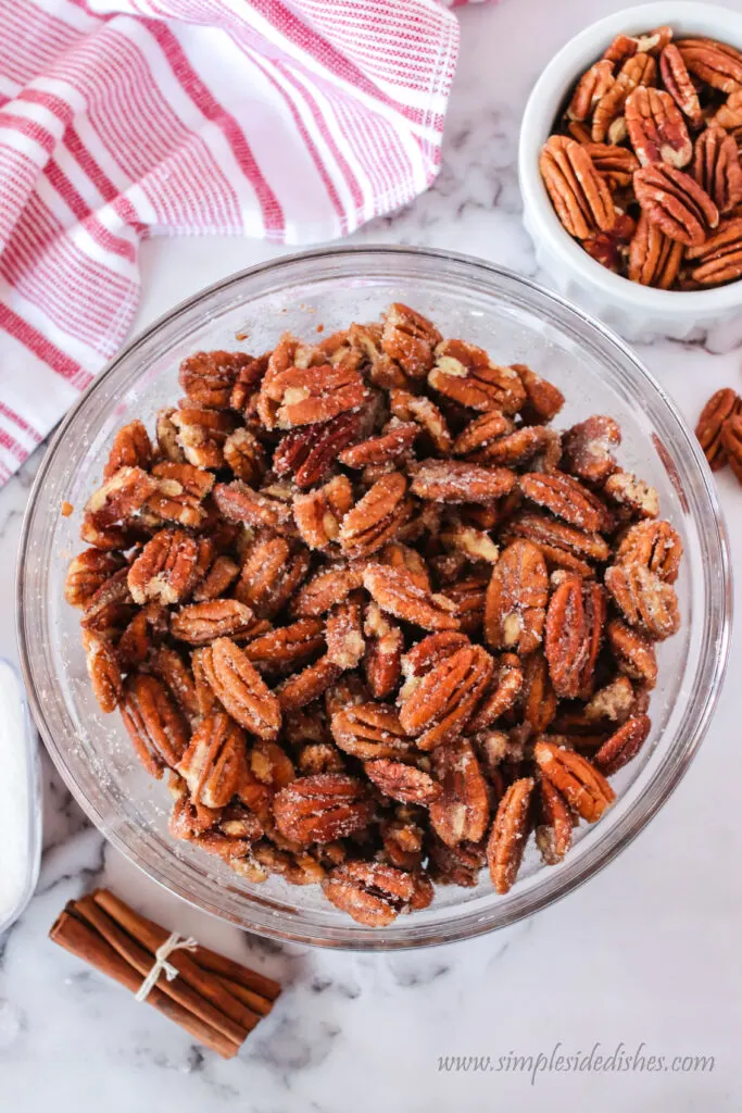 cinnamon sugar added to egg coated pecans