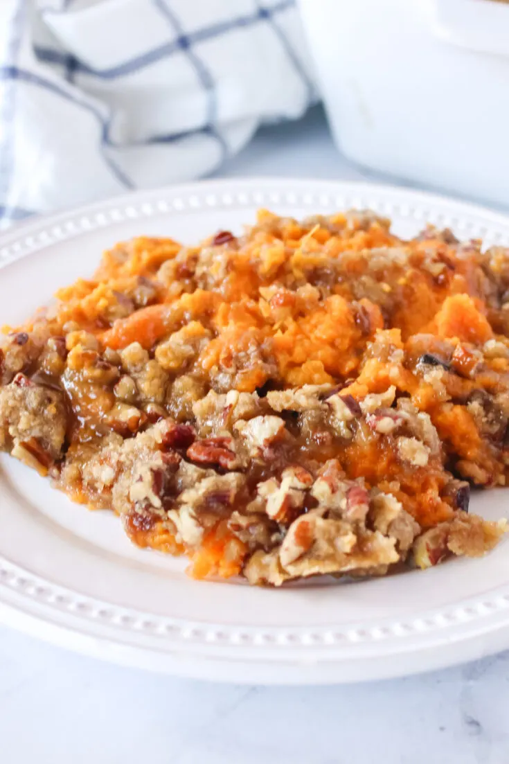 side view of pecan casserole on a plate