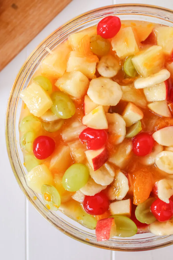 zoomed in image of fruit salad in a large serving bowl