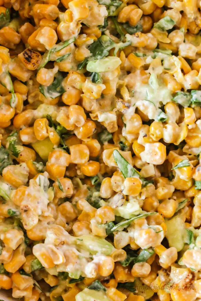 super zoomed in image of cold corn salad in bowl