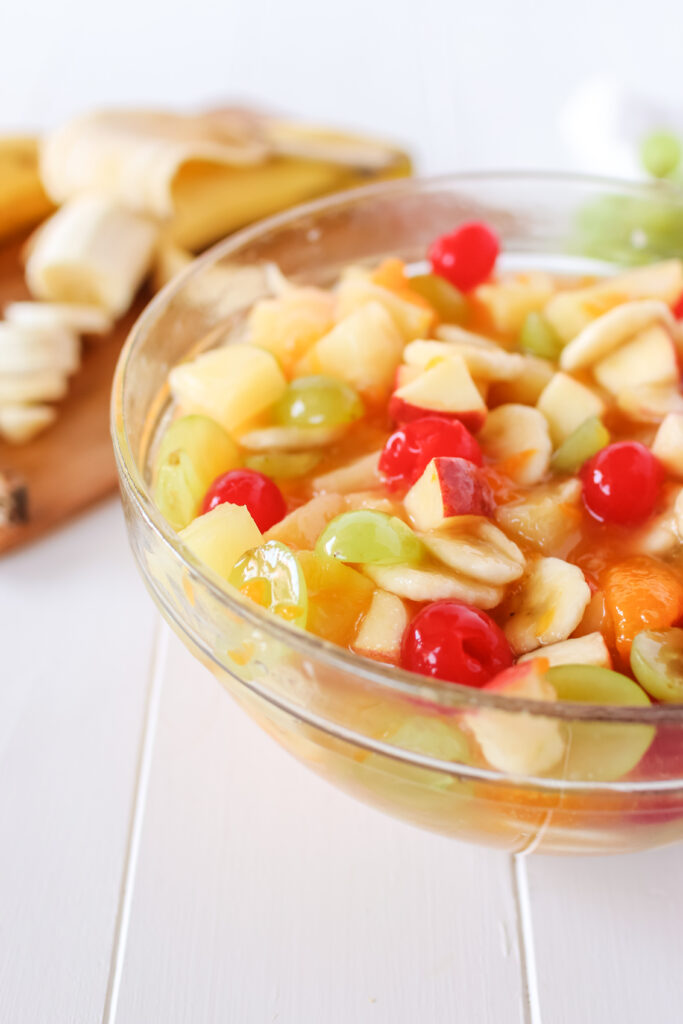 side view of fruit salad in bowl