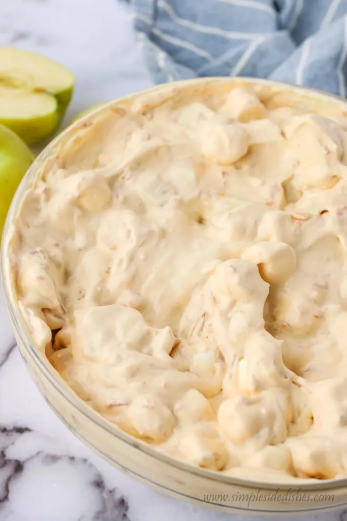 zoomed in image of caramel fluff in bowl