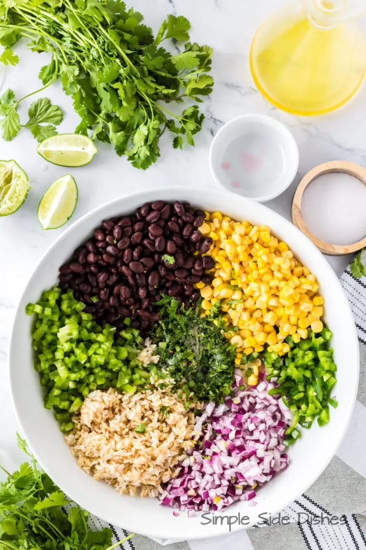 top view looking down at all ingredients but dressing in a large bowl