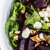 zoomed in image of beet salad with goat cheese