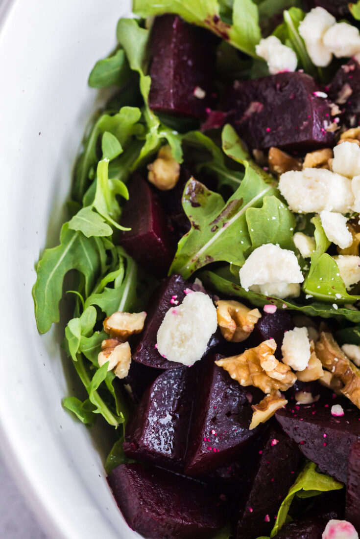 zoomed in image of beet salad with goat cheese