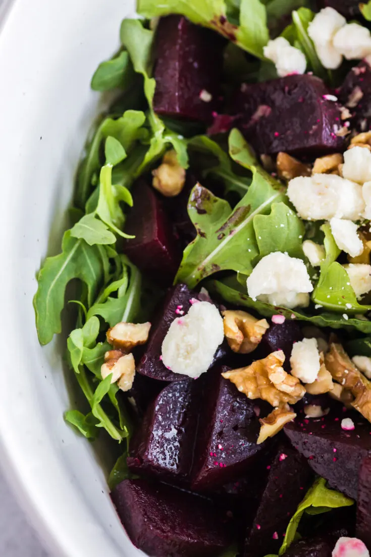 zoomed in image of beet salad with goat cheese