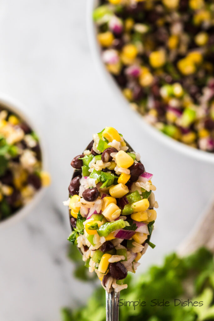 corn, black bean and rice salad on a spoon.