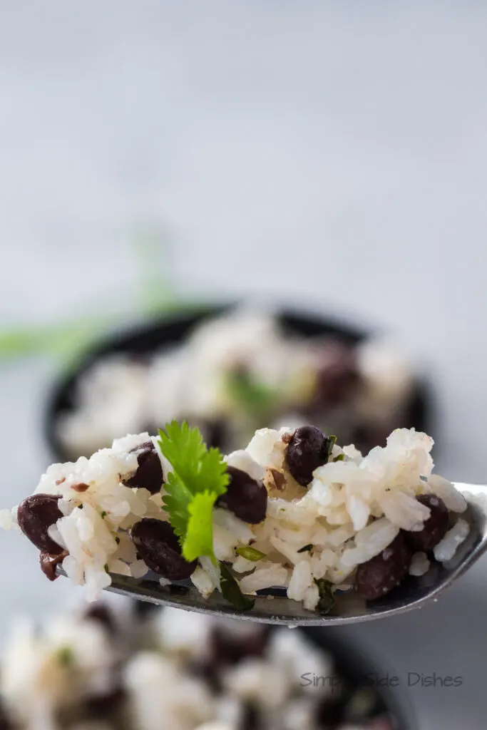 a spoon full of black beans and rice being held above a bowl.