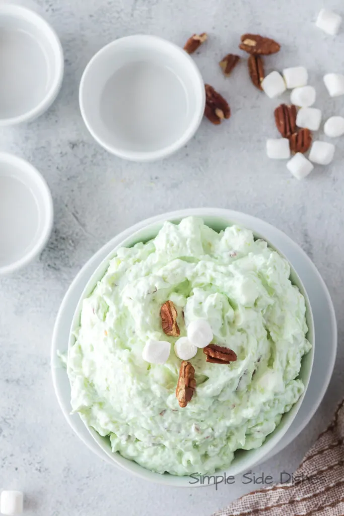 top view looking down at a large bowl of watergate fluff