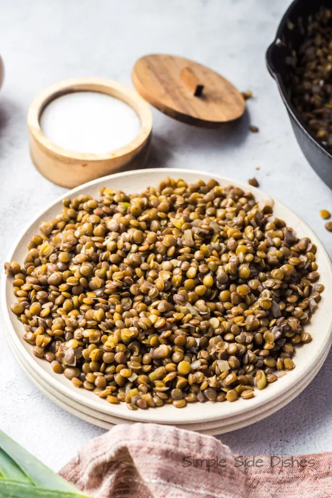 side view of lentils on a plate ready to serve.