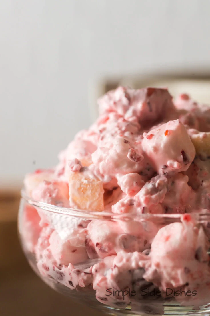 zoomed in side view of fluff in a serving dish.