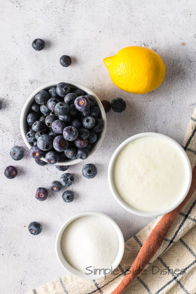 All ingredients for Blueberry Fool laid out on the counter.