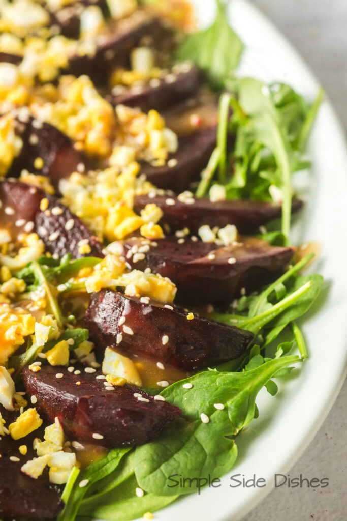 side view of salad on platter, ready to serve.