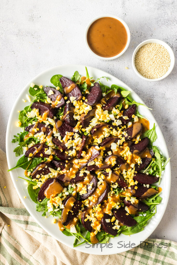 Salad with dressing on top.