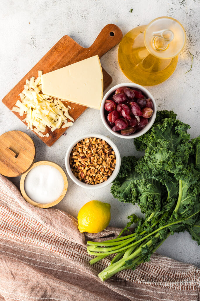 All ingredients laid out on the counter to make kale salad.