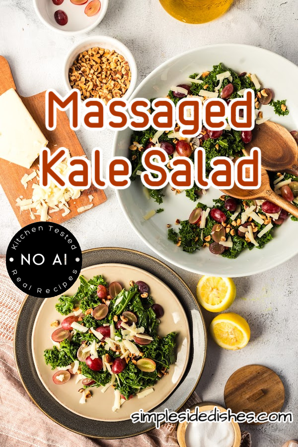 Main image for Massaged Kale Salad. Image is of salad in a bowl with wooden tongs and a portion of the salad onto a plate.