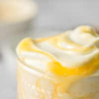 zoomed in image of peach fool ready to eat.